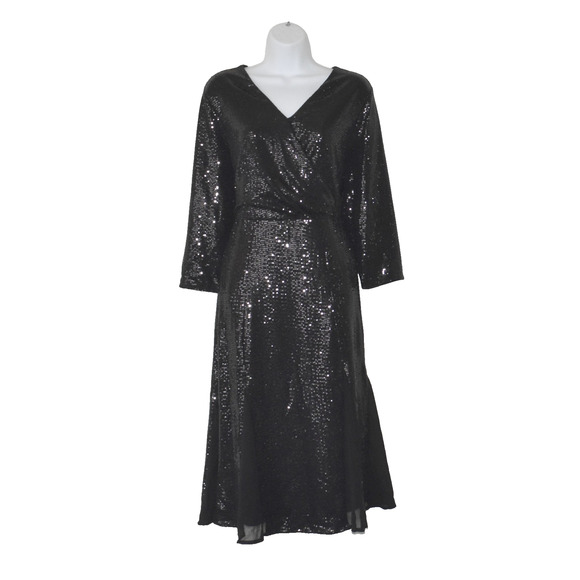 A8 NWT CHICOS Black Nylon Surplice Sequin Embellished Midi Dress Size 3/XL $169 - Picture 1 of 6